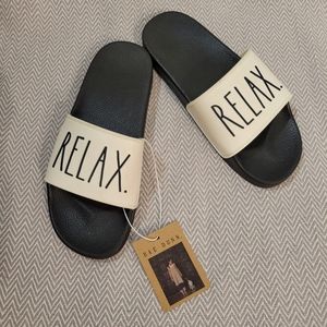 Rae Dunn RELAX. Slide Sandals Size 09 Cream/Black.